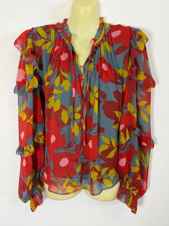 Karlie Evan Blue Ruffle Top with Red and Yellow Floral Print - Picture 2 of 9